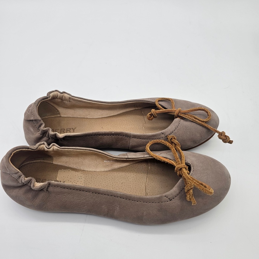 Sperry Top Sider Ballet Flats Womens 7M Grey Leather Bow Slip On Casual Boho